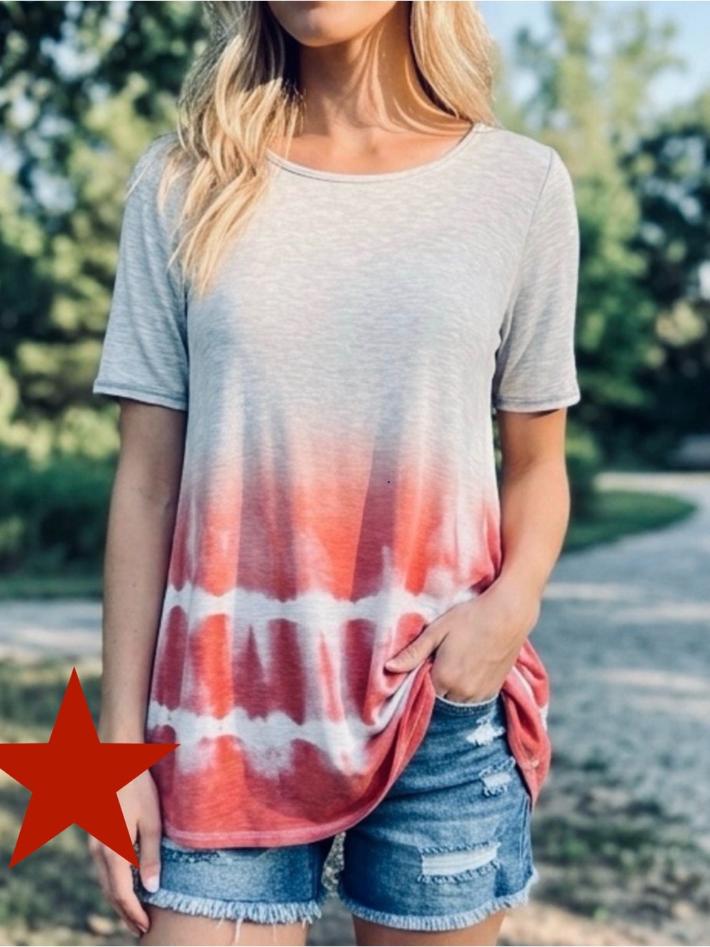 Light Gray and Coral Tie-Dye Short Sleeve Tunic